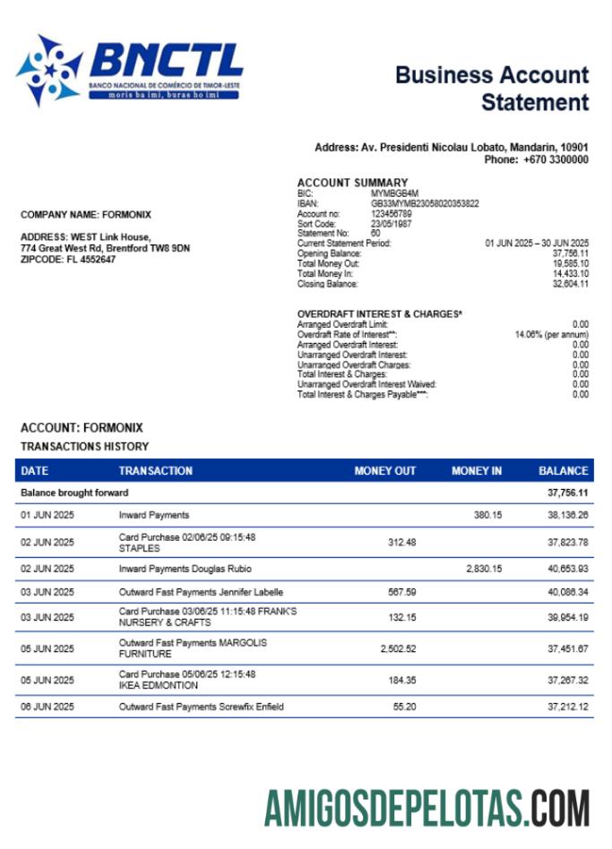 Baixável Timor Leste BNCTL Firm modelo de extrato de conta Word e PDF